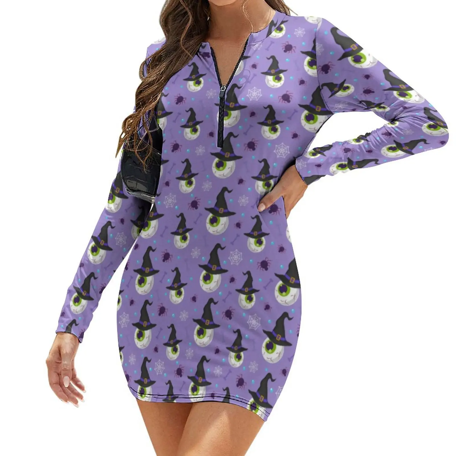 Witch Hats And Eyeballs Dress Long Sleeve Abstract Print Modern Dresses Spring Female Trendy Pattern Bodycon Dress Big Size 2XL