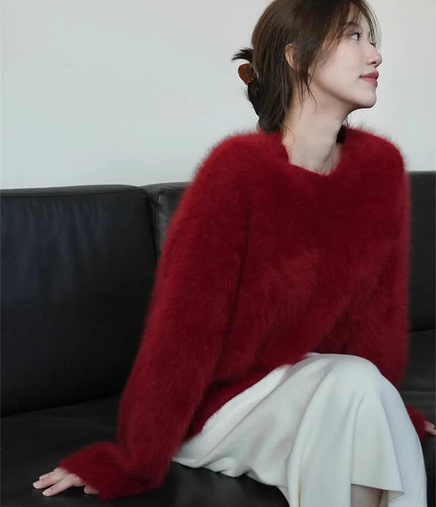 2024 New Year Red Mohair Soft Loose Sweater Fashion Lazy Autumn Winter Long Sleeve O Neck Hairy Knitted Warm Pullovers For Women