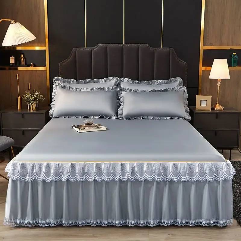 WASART Luxury lace bed skirt summer bedspread solid satin rayon bed linen couple bedding single double queen king size bed sheet