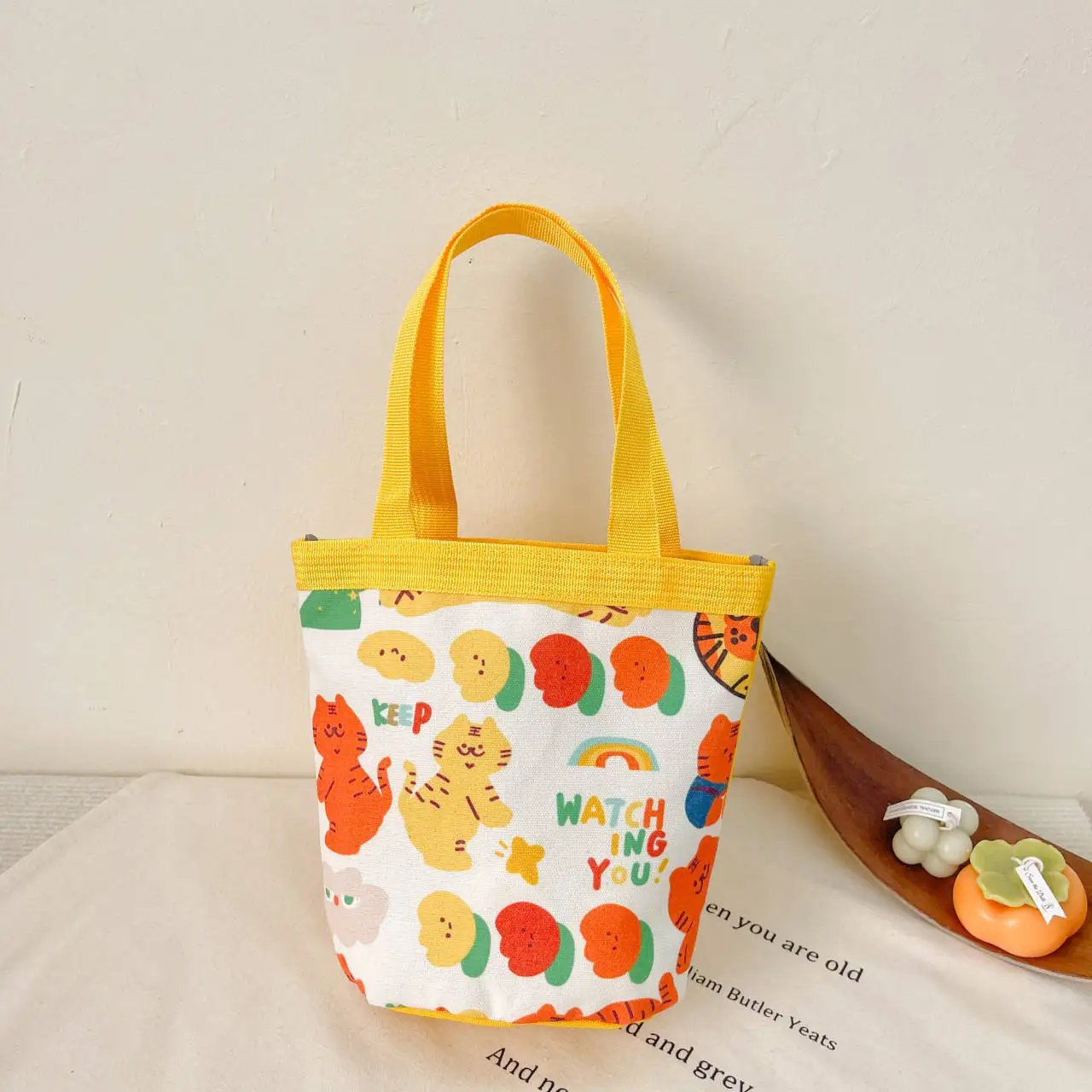 Saco de lona com padrão dos desenhos animados para meninas, estilo kawaii bolsa de ombro, lanche, padrão dos desenhos animados