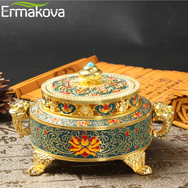 ERMAKOVA Incense Holders Incense Burner Tibetan Style Painted Enamel Zinc Alloy Coil Incense Holder Home Office Decoration Gift