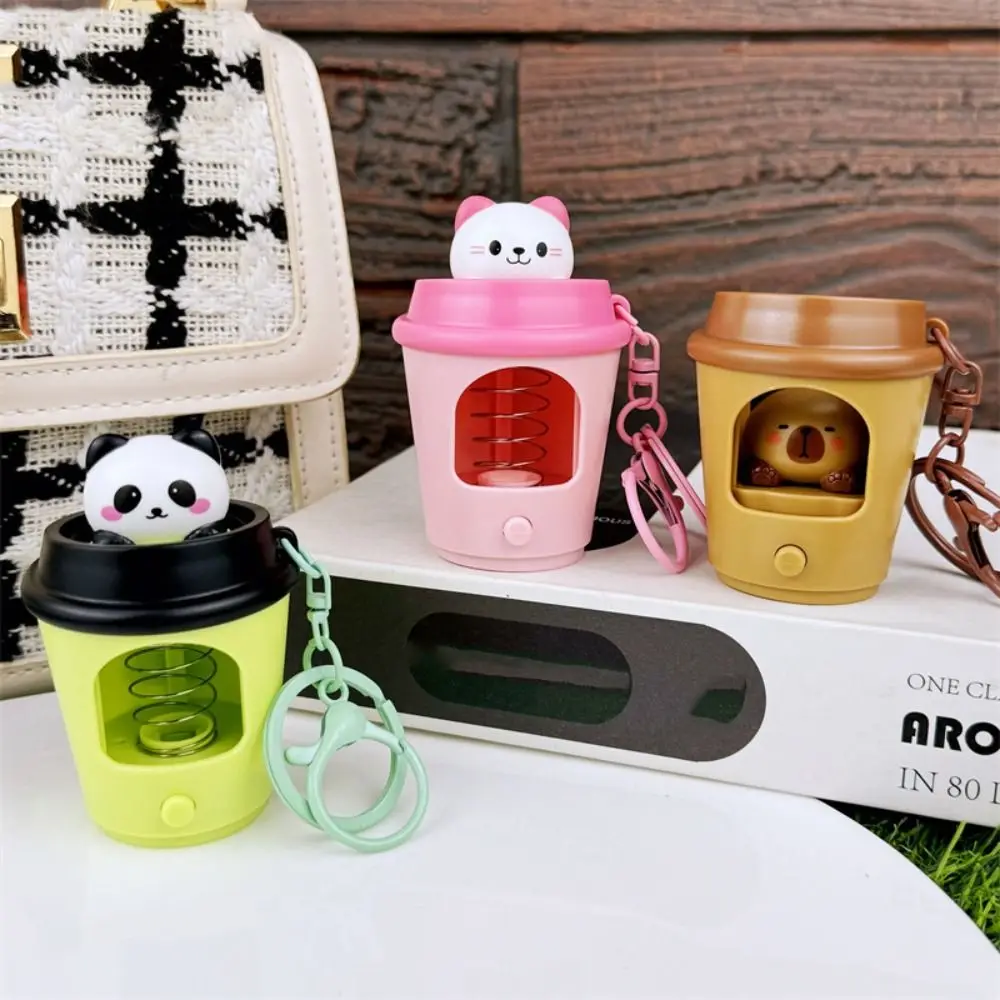 Creative Bounce Cat Milk Tea Cup Keychain Panda Key Decor Capybara Pendant Bag Hanging Gifts Car Keyring Charms