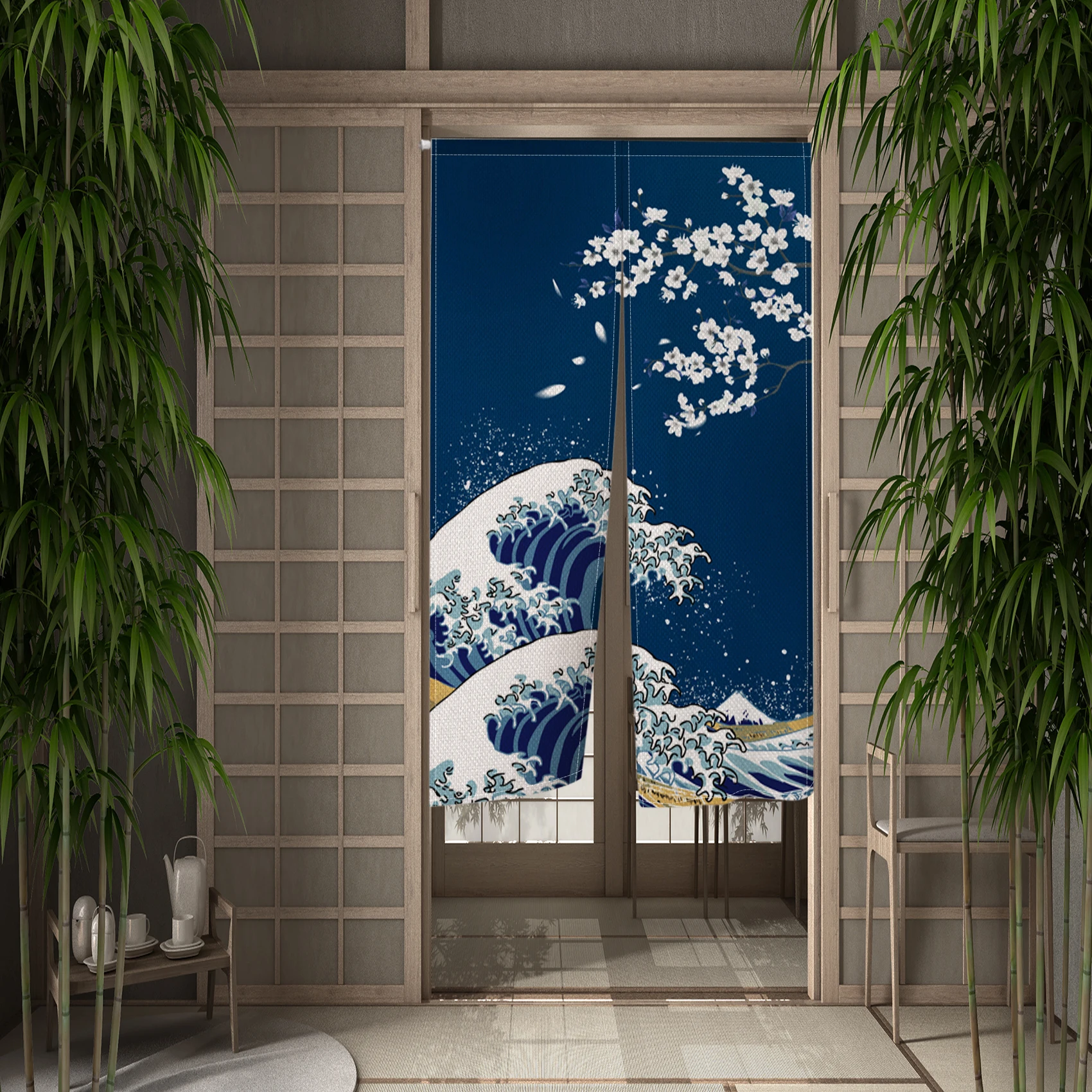 Japanese Door Curtain Cherry Blossom Chrysanthemum Ocean Wave Kitchen Doorway Partition Curtain Bedroom Bathroom Half Curtain