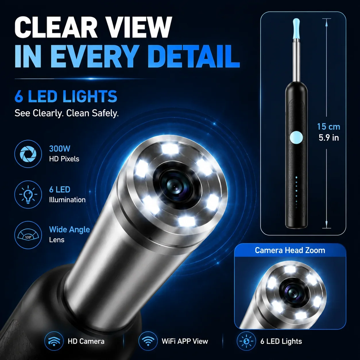 Smart Visual Ear Wax Remover with 1080P HD Camera, USB C Rechargeable Ear Cleaner, Waterproof Ear Scope Otoscope, Safe Ear Wax R view 4