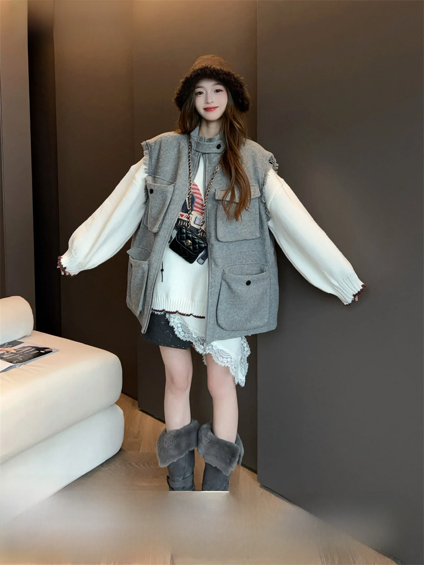 

Retro Suit Jacket Women's Autumn Winter Loose Casual Versatile Shoulder Coat Polyester Fabric Zipper Closure