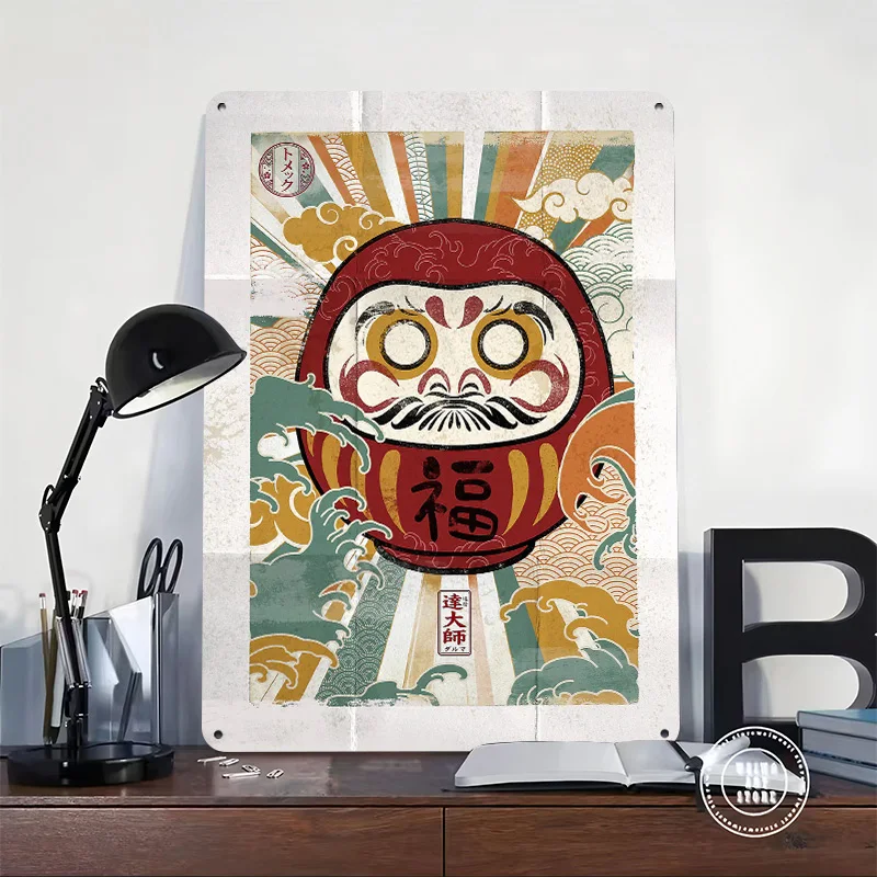 Daruma Doll With Japanese Motifs 3D Texture Printed Poster Custom Vintage Metal Tin Plate Sign for Wall Art Decoration Garage