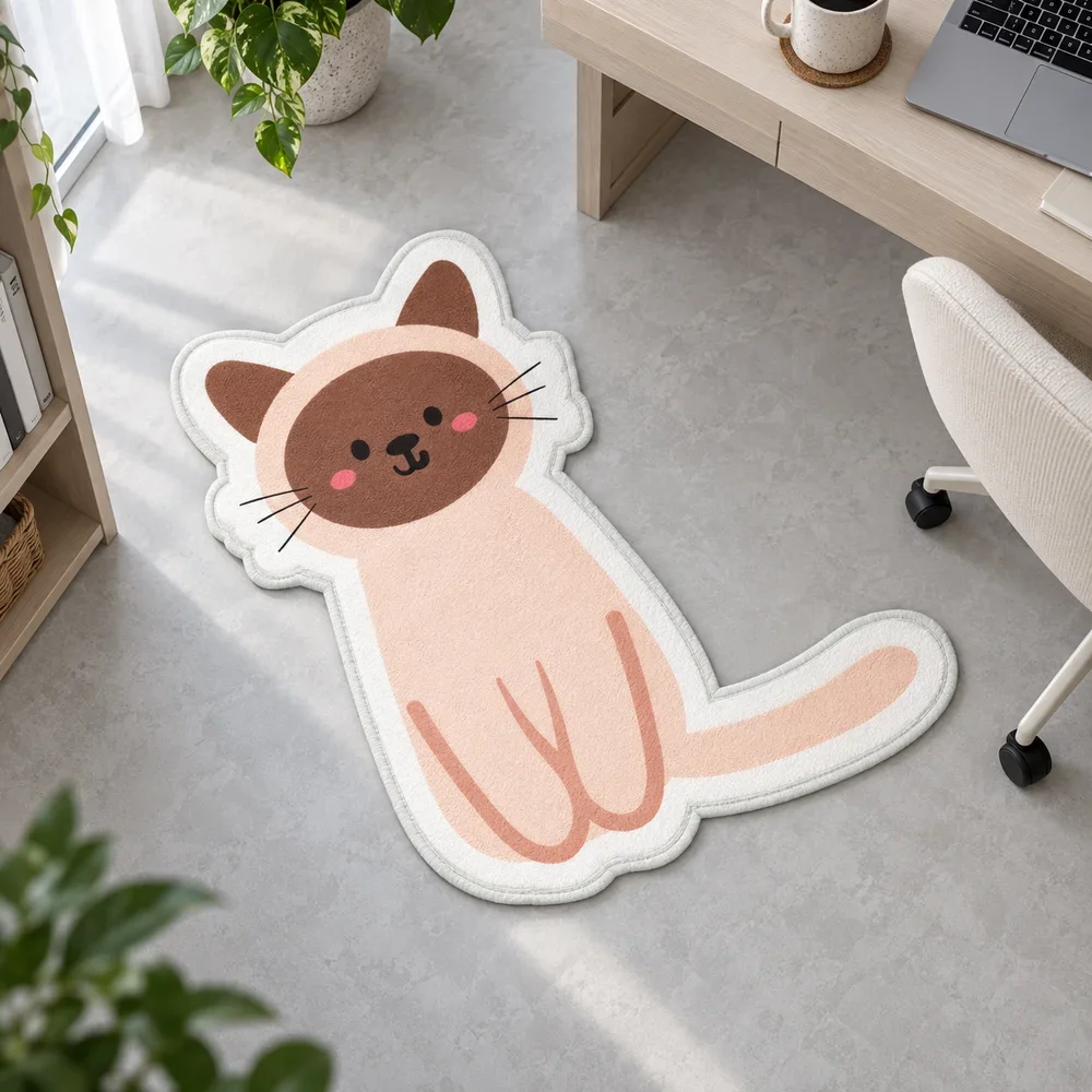 Cute Siamese Cat Shaped Floor Mat, Minimal Cartoon Irregular Area Rug for Bedroom, Living Room, Entryway and Cat Lover Gift