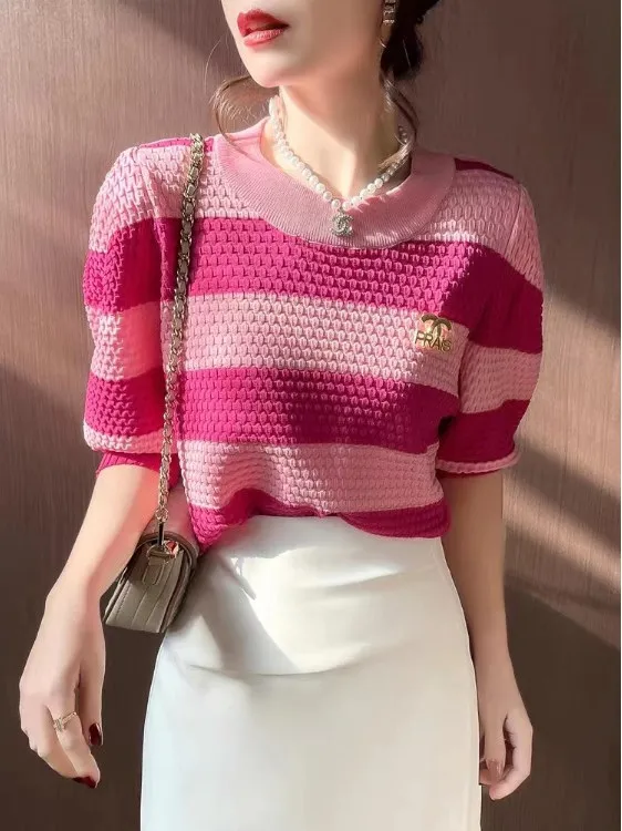 

Летняя женская повседневная футболка в полоску 2024 года, с коротким рукавом, нежно-розовая, удобная, дышащая, модная