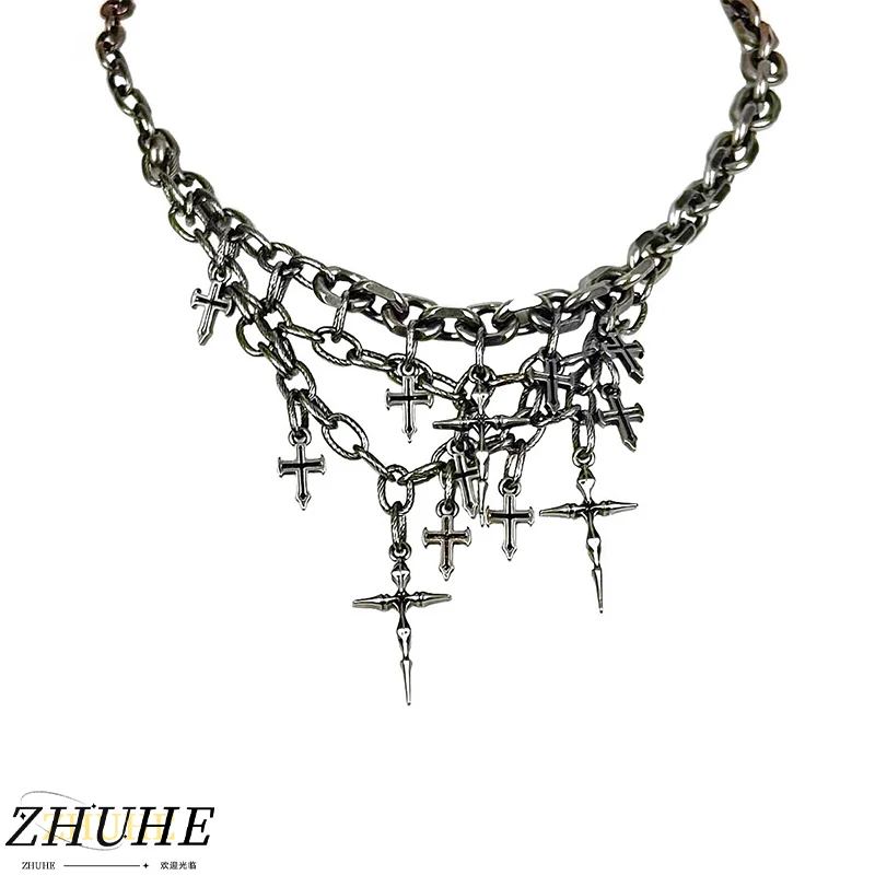 

Vintage Silver Cross Charm Necklace for Women Men Punk Gothic Layered Chain Choker Statement Jewelry Gift