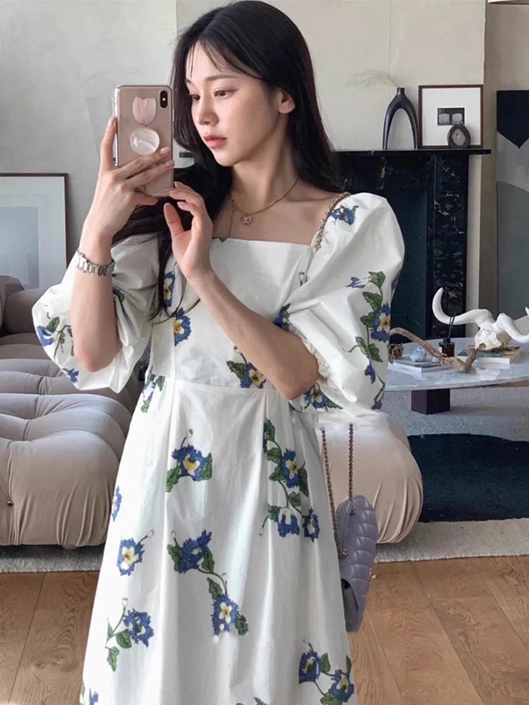 เดรสลายดอกไม้สไตล์เรโทรสำหรับฤดูร้อน เอวสูง จับจีบ ทรงบับเบิ้ล คอเหลี่ยม ดีไซน์เก๋ช่วยพรางหุ่น สำหรับผู้หญิง สไตล์ลำลอง เหมาะสำหรับใส่ไปทำงาน