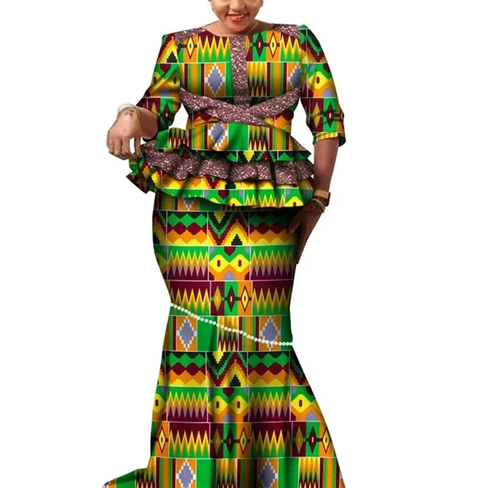 African Wedding Party Clothes for Women Autumn African Long Sleeve O-neck 2 Piece Top Long Skirt Matching Sets African Outfits