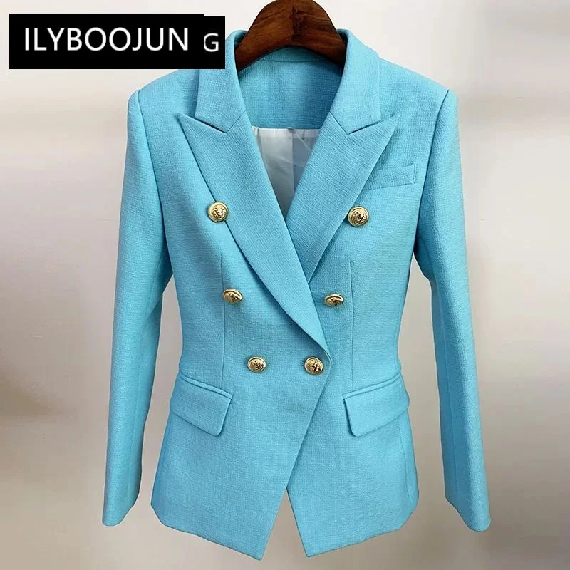 Blazer de trespassado duplo formal feminino, blazers de escritório, alta qualidade, verde, azul, amarelo, preto, branco, botões, navio da gota