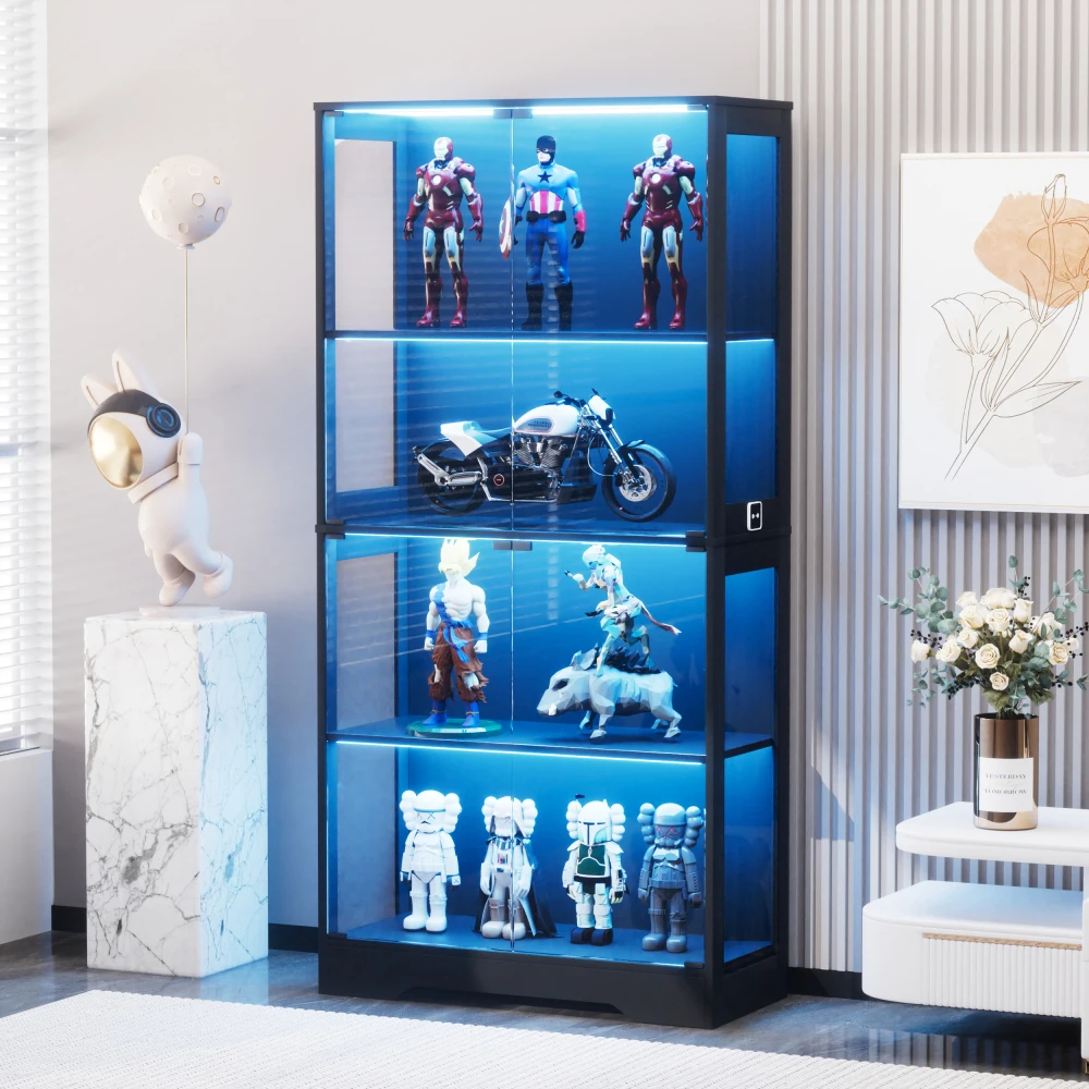 Vitrine moderne en verre trempé à 4 niveaux, avec espace de rangement et lumières LED à capteur intelligent, portes en verre anti-poussière, vitrine