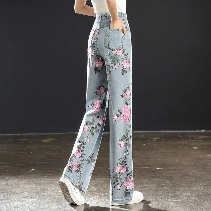 Jeans de perna larga para mulheres, estampa floral, botão, bolso com zíper, casual e fino, calça reta solta, pintura nova e versátil, moda para o verão