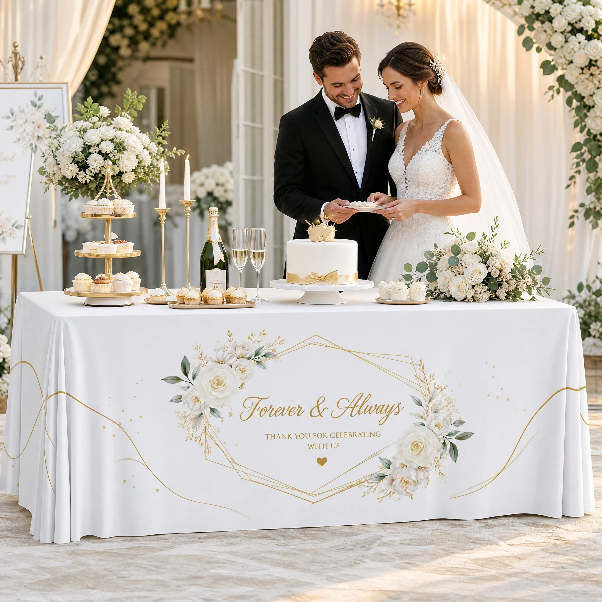 Personalized Wedding Tablecloth Custom Bride Groom Name Table Cover Floral Design Wedding Party Reception Decoration