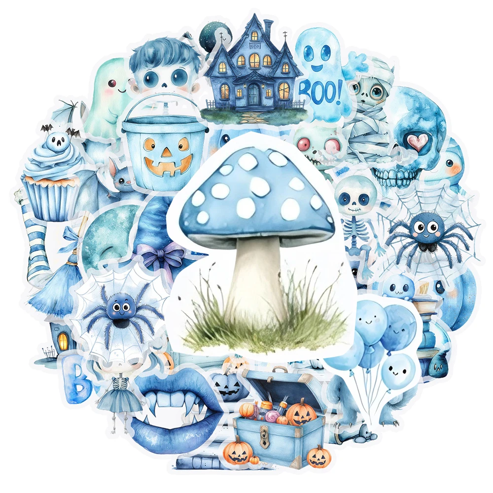 10/30/50pcs Simpatico Cartone Animato Blu Halloween Adesivi Kawaii Fantasma Teschio Decalcomanie per Moto Telefono Valigia PET Adesivo Divertimento per Il Giocattolo