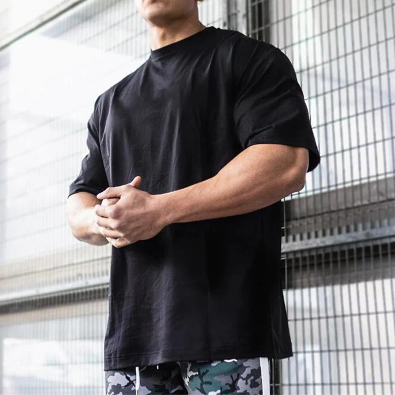 Oversized Fit Short Sleeve T-shirt Mens Cotton Dropped Shoulder Loose Fitness Sports T Shirt Summer Gym Bodybuilding Tops Tees