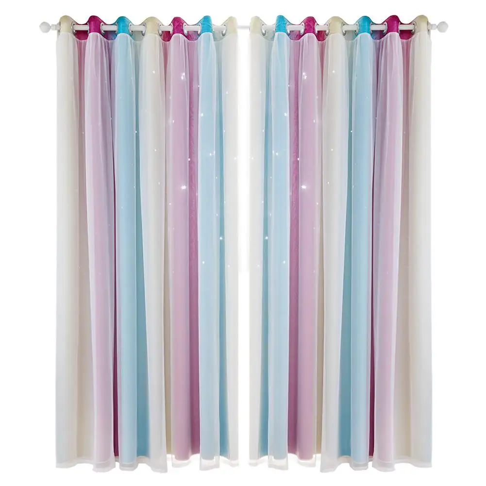 

Gradient Hollow Star Curtain Bedroom Full Blackout Window Drapes (Purple)