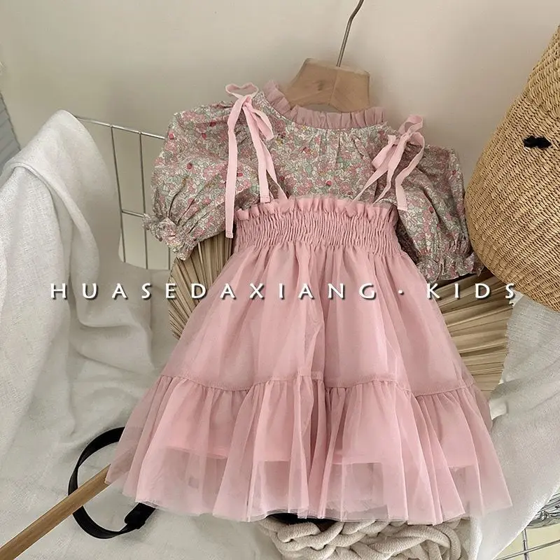 

Children's Clothing Baby Sweet Mesh Skirt Girl's Fashion Set Floral Blouse Shirt+Strap Mesh Skirt 2023 Girls Dress