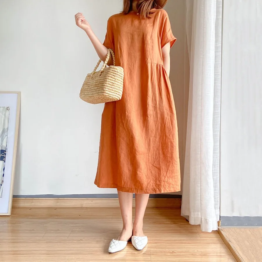 

【New style】Simple artistic style loose slimming cotton and linen dress for women's summer 2026 new style large size fat mm medi