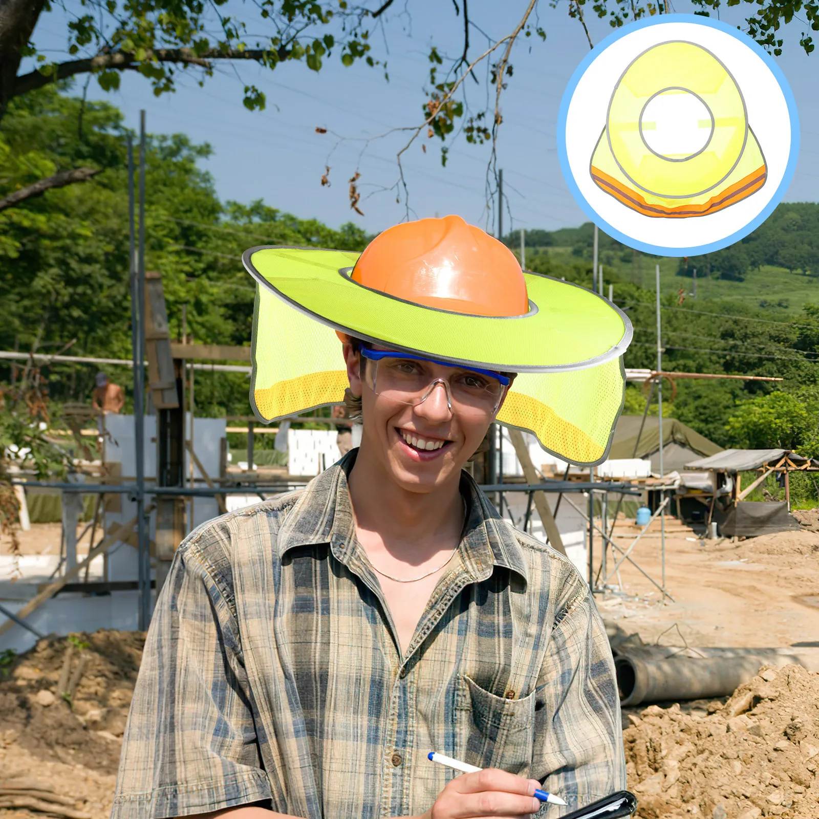 

Sun Shield Neon Orange Reflective Full Brim Sunshade Cloth Breathable Mesh Neck Protector Construction Safety