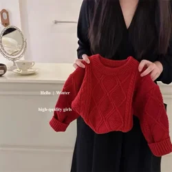 Childrens Clothing Korean 2024 Autumn and Winter Knitted New Red Loose Sweet Sweater Plaid Top Baby Clothes