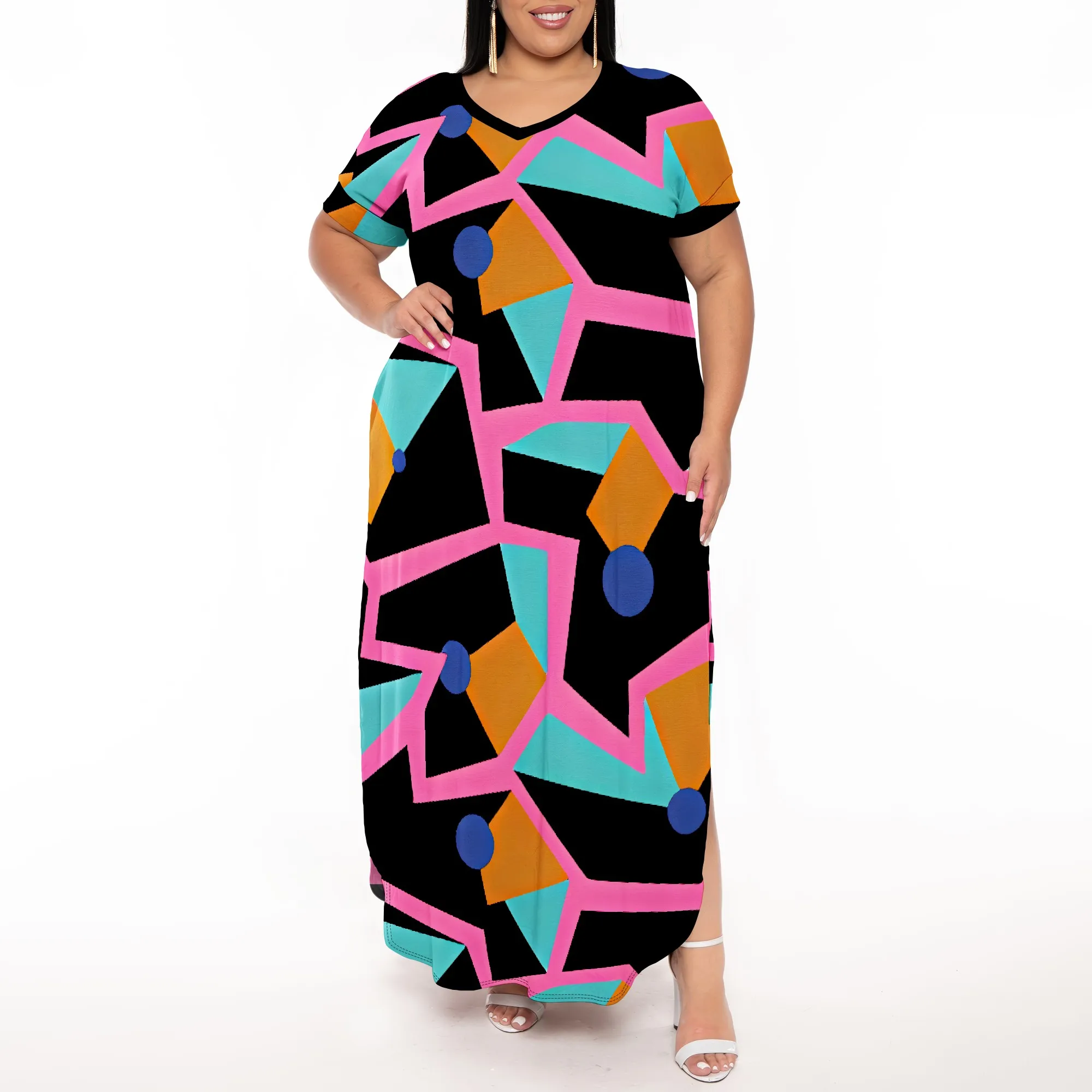

Bright Floral Long Sleeve Plus Size Dress with Waist Tie for Casual Day Wear