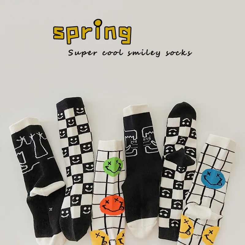 3 Pairs of Spring and Fall Children Cute Smiley Fashion Checkerboard Cartoon Comfortable Socks for Boys and Girls