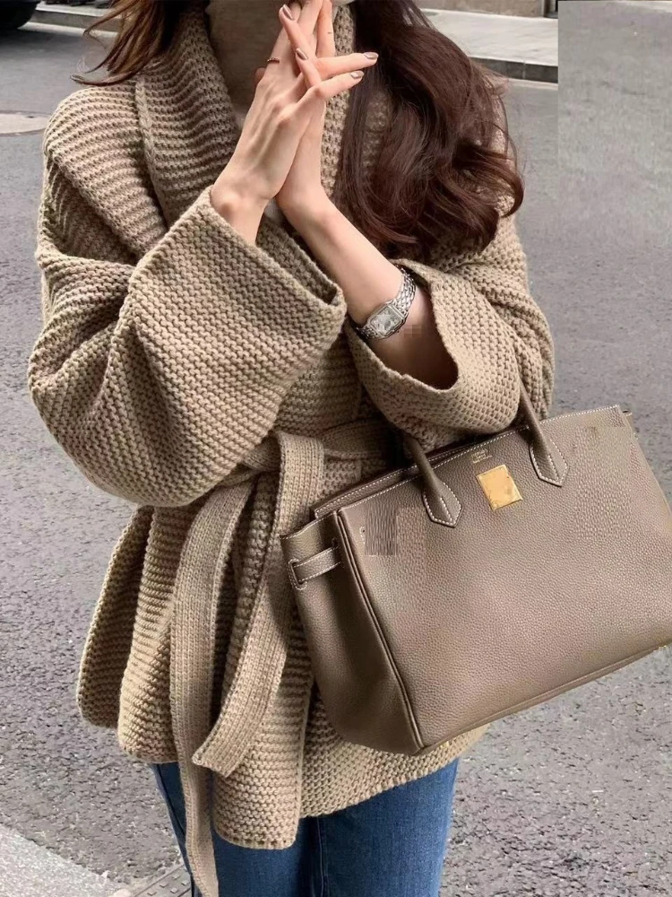 여성용 봄 브이넥 레이스업 니트 가디건 두꺼운 스웨터 코트 루즈핏 패션 출퇴근용 긴팔 가디건 스웨터