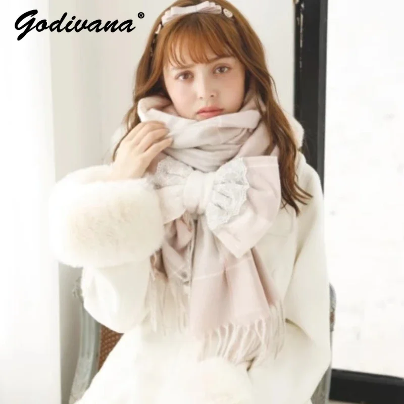 Japanese Style Liz Super Soft Detachable Bow Scarf for Women Autumn Winter New Lolita Kawaii Sweet Girls Plaid Scarf Female