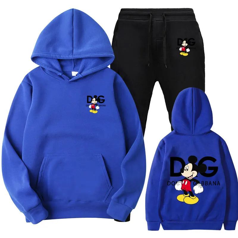 Disney\'s latest brand cotton printed spring and autumn men\'s and women\'s sports sweater hooded set anime men\'s and women\'s set