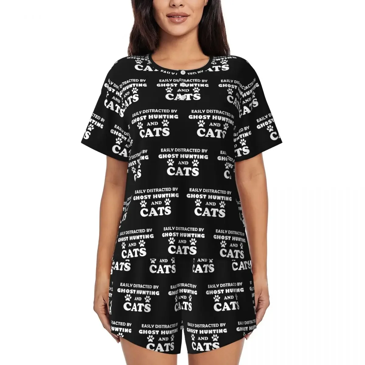 

Easily Distracted By Ghost Hunting And Cats Round Neck Short Sleeve Nightgowns for Sleeping Women Loose Pajama Set Short Pants