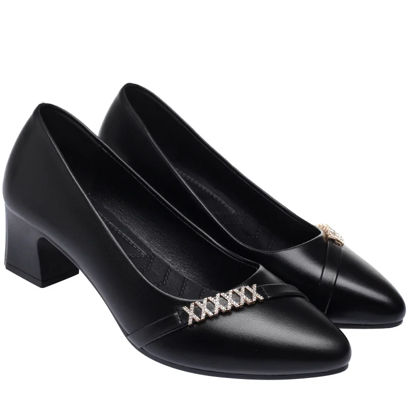 Spring Female Fashion Shallow Mouth Soft bottom Sweet Square Heel Pumps Solid Black Office Soft Leather Shoes