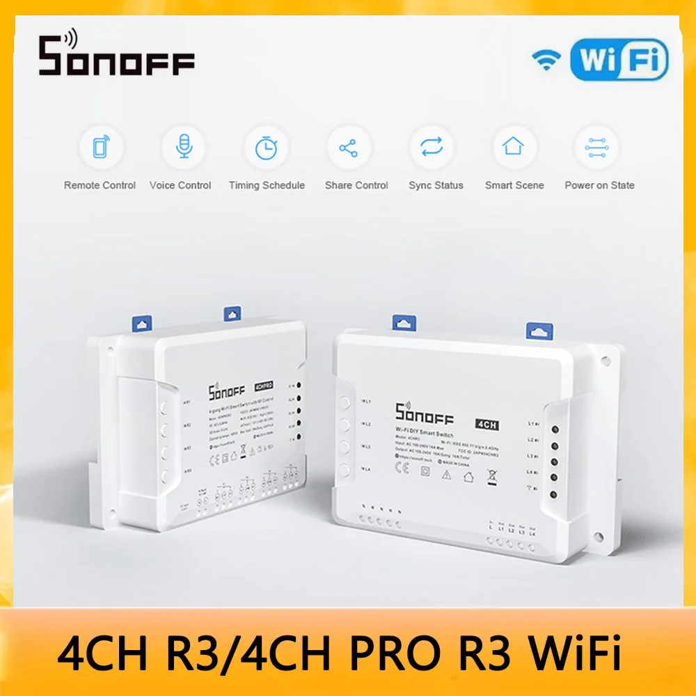 

1-5 шт. SONOFF 4CH R3/4CH PRO R3 WiFi 4-канальный интеллектуальный переключатель 433 МГц RF дистанционный переключатель освещения поддерживает 4 устройства работает с Alexa