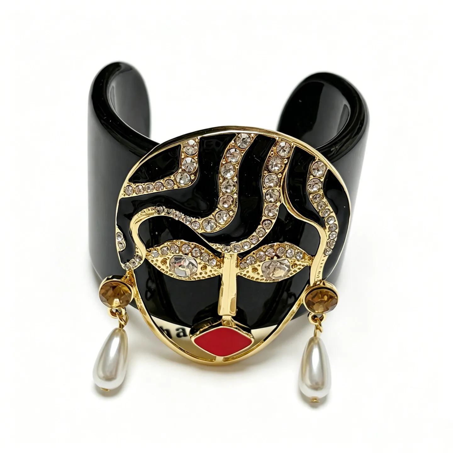 Vintage Abstract Face Mask Wide Cuff Bangle For Women Luxury Enamel Rhinestone Pearl Open Bracelet Chunky Resin Wrist Jewelry