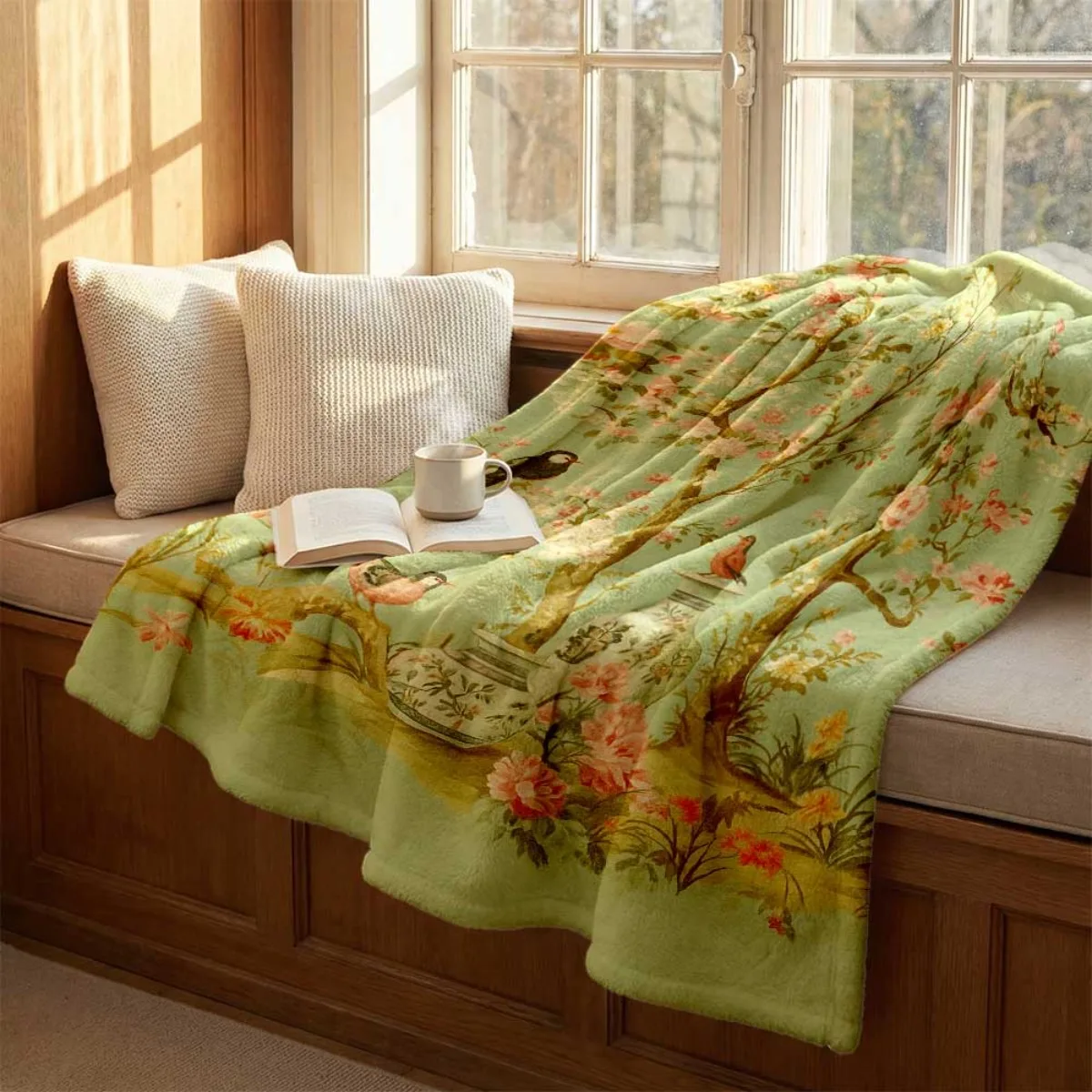 Soft Pale Green Backdrop Vintage Flower Tree Ceramic Vase Small Bird Oriental Floral Full Print Fluffy Blanket Couch Cover Gift