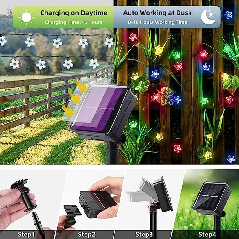 Solar Outdoor tahan air 50 lampu 8 mode LED Cherry Blossom String lampu untuk pagar taman teras halaman rumput pesta dekoratif