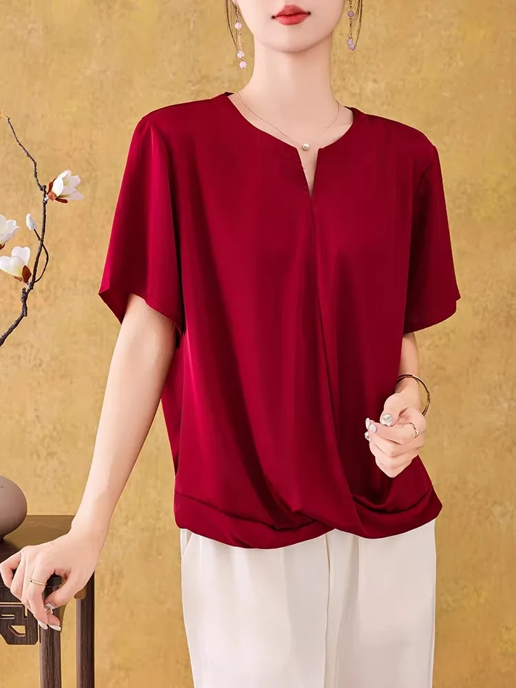 الصيف خلات الساتان ort Sve تي شيرت المرأة Faionable f Sve قاعدة لون نقي فضفاض ملابس خارجية