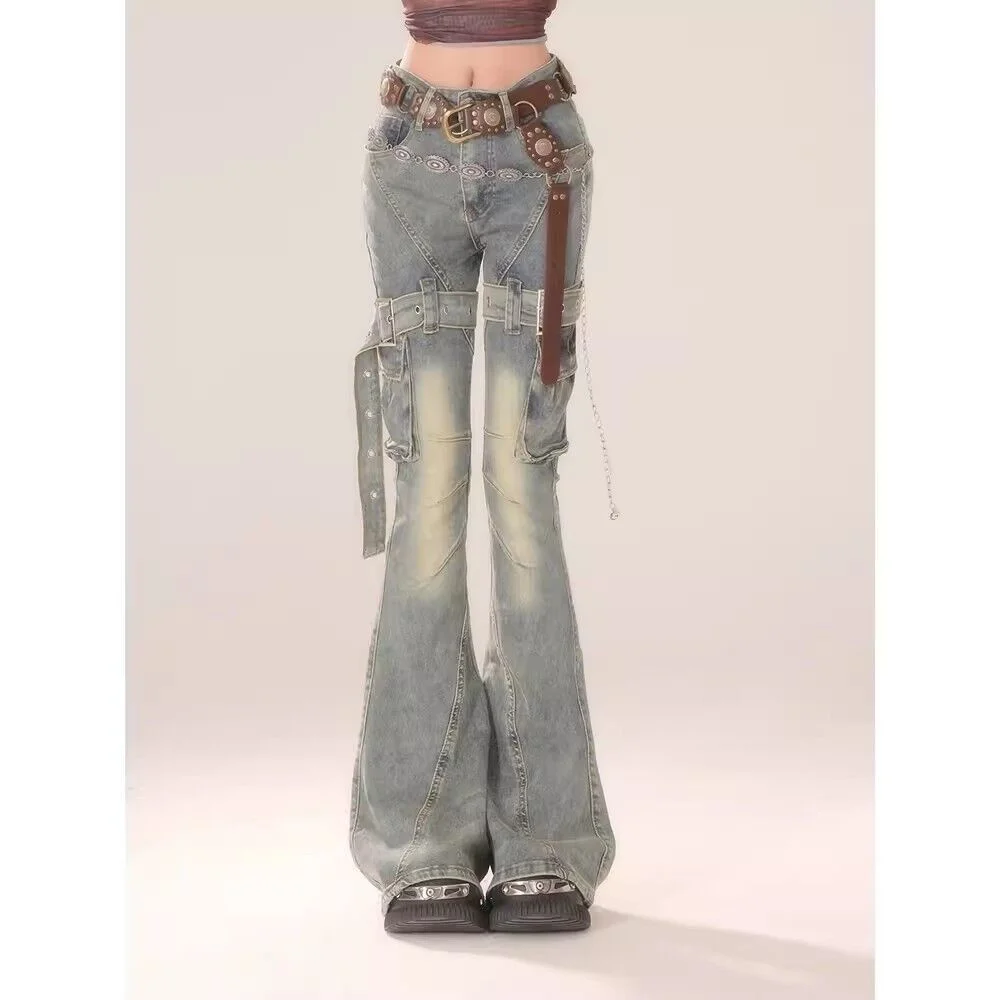 

Tight Bodycon Bell Bottoms Casual Patchwork Vintage Korean Sexy Wide Leg Trousers Woman Wash Jeans Tie-dyed Denim Pants