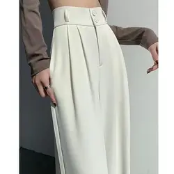 Women Spring Autumn New Commute Fashion High Waist Suit Pants Young Style Button Pockets Zipper Wide Leg Pants Casual Trousers