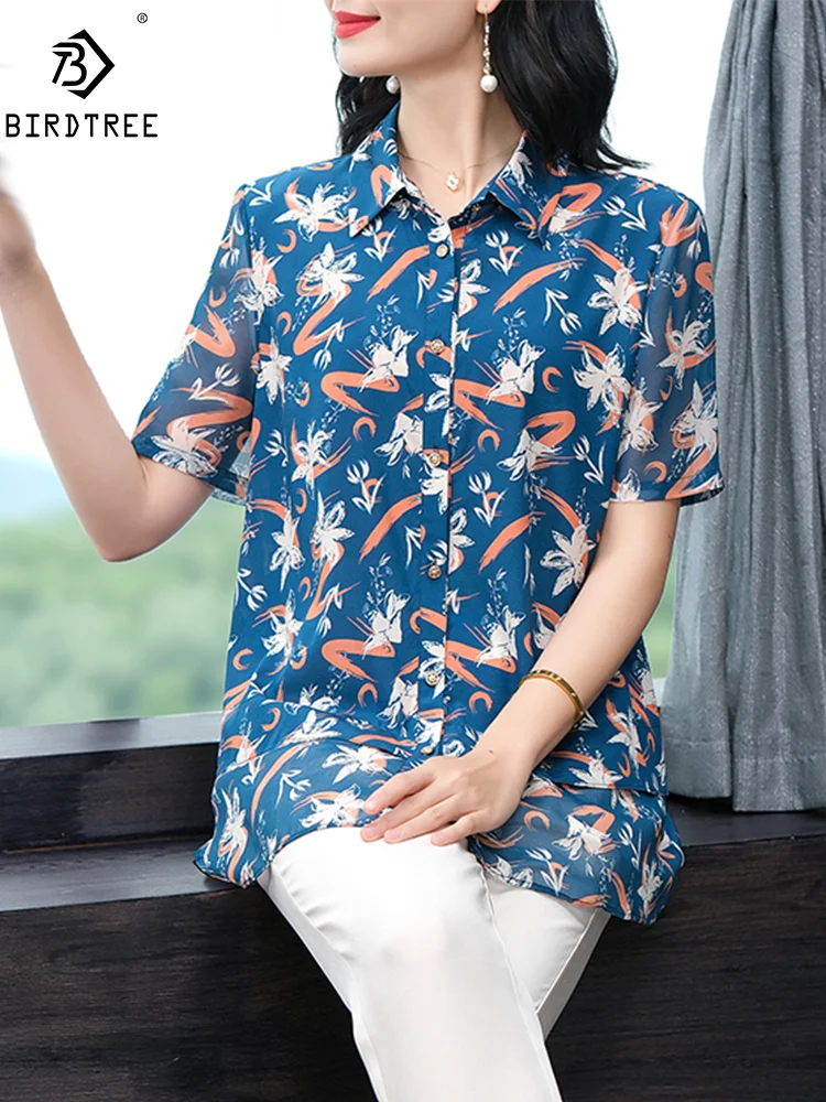 

BirdTree, 90%Real Silk Fashion Shirt, Women's Short Sleeve Floral, Oversize OL Elegant Blouse, 2024 Summer New Tops T444153QM