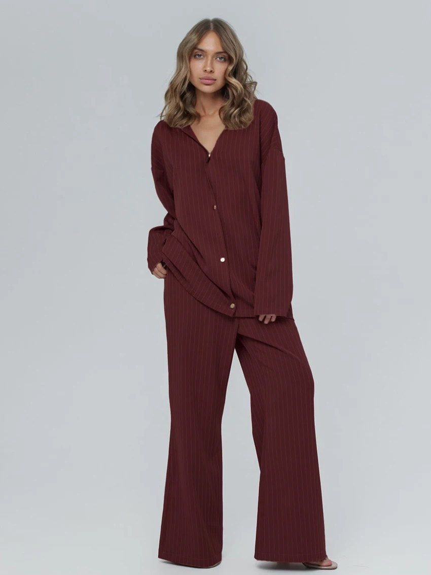 

Marthaqiqi Striped Female Nightgowns Set V-Neck Sleepwear Long Sleeve Pyjamas Wide Leg Pants Causal Women'S Pajamas 2 Piece Suit