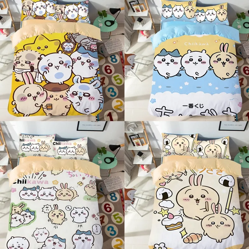 

Милый тематический комплект постельного белья с героями мультфильмов Chiikawas, красочный принт, полиэстер, студенческое общежитие, простыня, пододеяльник, детский подарок, домашний текстиль