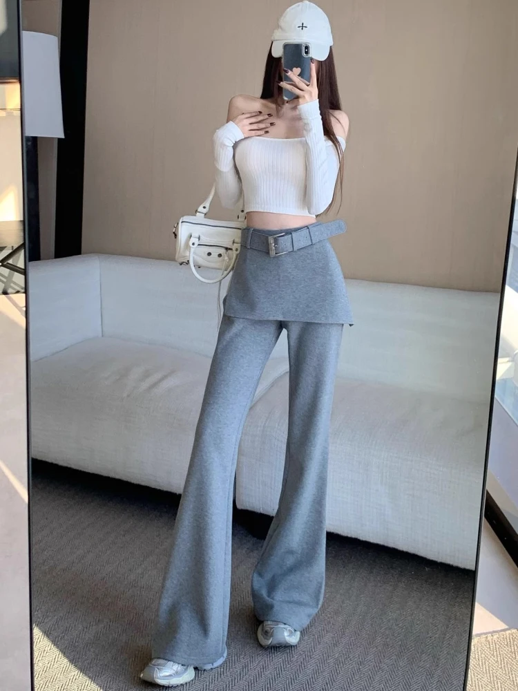 Szare mikro-spodnie damskie jesienno-zimowe, szyte, imitujące dwuczęściowy komplet, z wysokim stanem, typu culottes, dopasowane, modne, w stylu Y2k, codzienne spodnie.