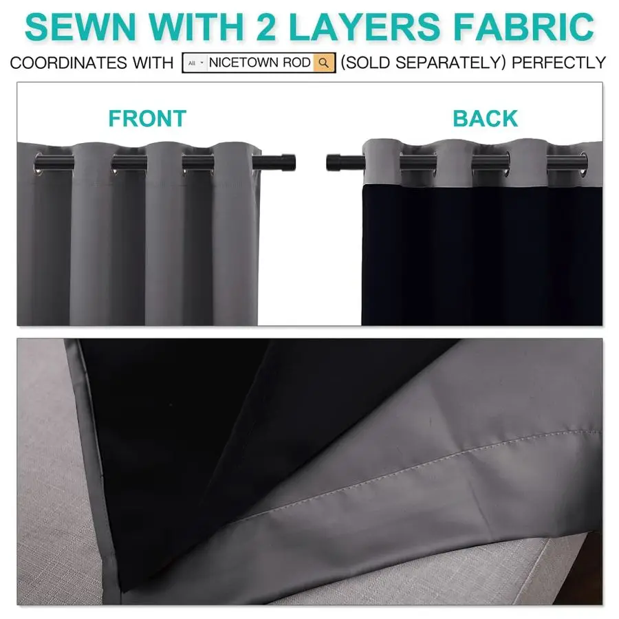 회색 완전 차광 커튼 패널, 에너지 절약 및 소음 차단 기능이 있는 식당 창문용 암막 커튼 한 쌍, 단열