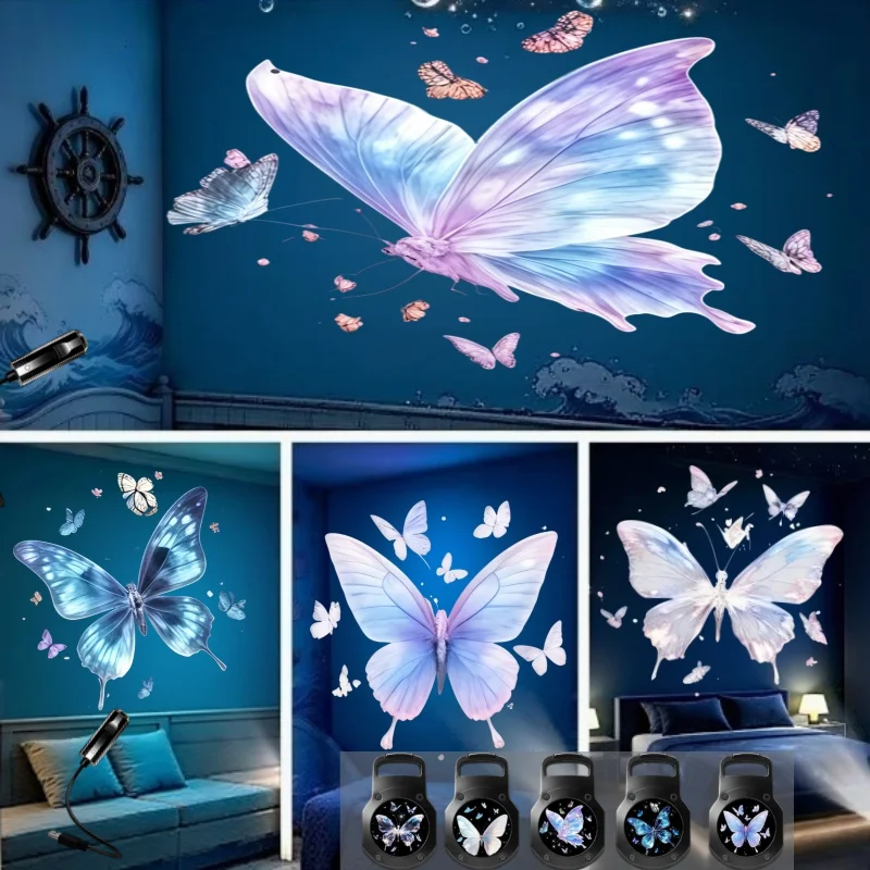 Five-Butterfly Pattern Projection Lamp Ambient Night Light, Multi-functional Projection Night Light for Bedroom and Vehicle Use