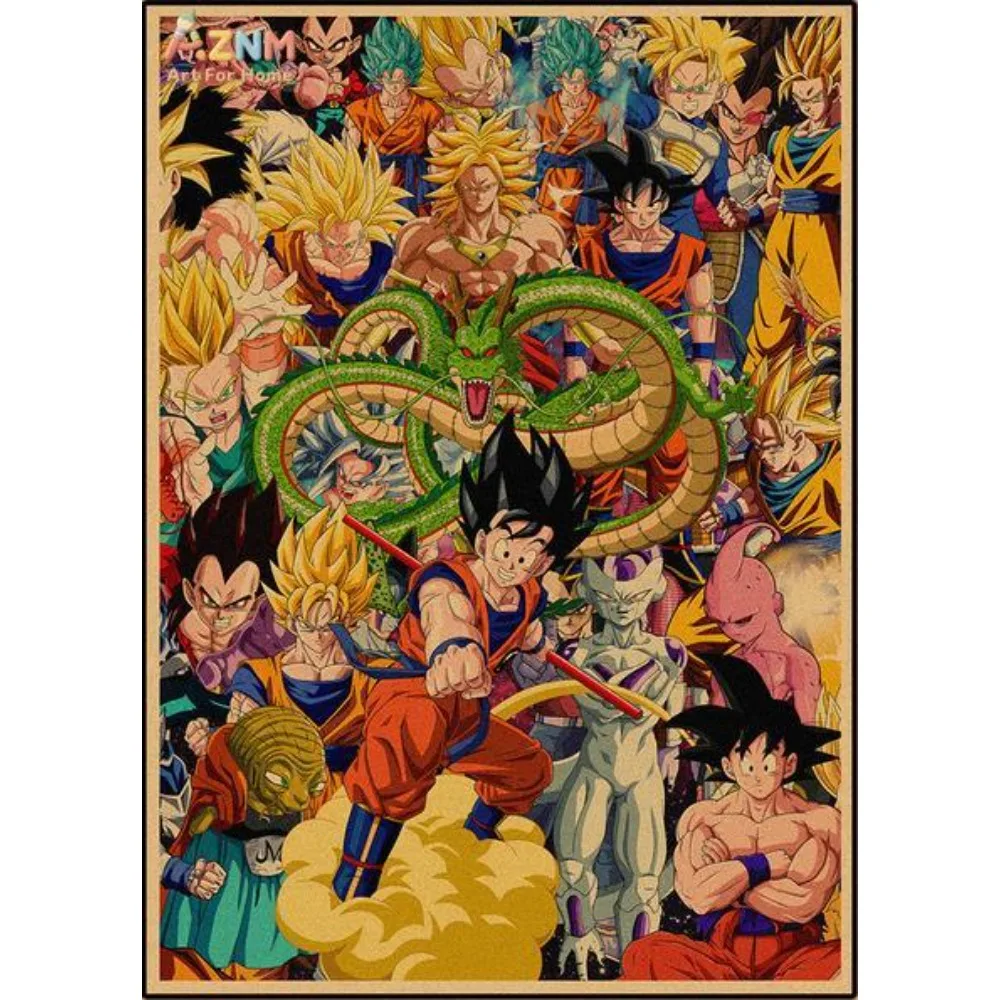 Póster de Lienzo con Diseño Retro de Anime, Dragon Ball, Goku, Gohan, Vegeta, Piccolo, Friza, Decoración de Pared para el Hogar, 1 Pieza
