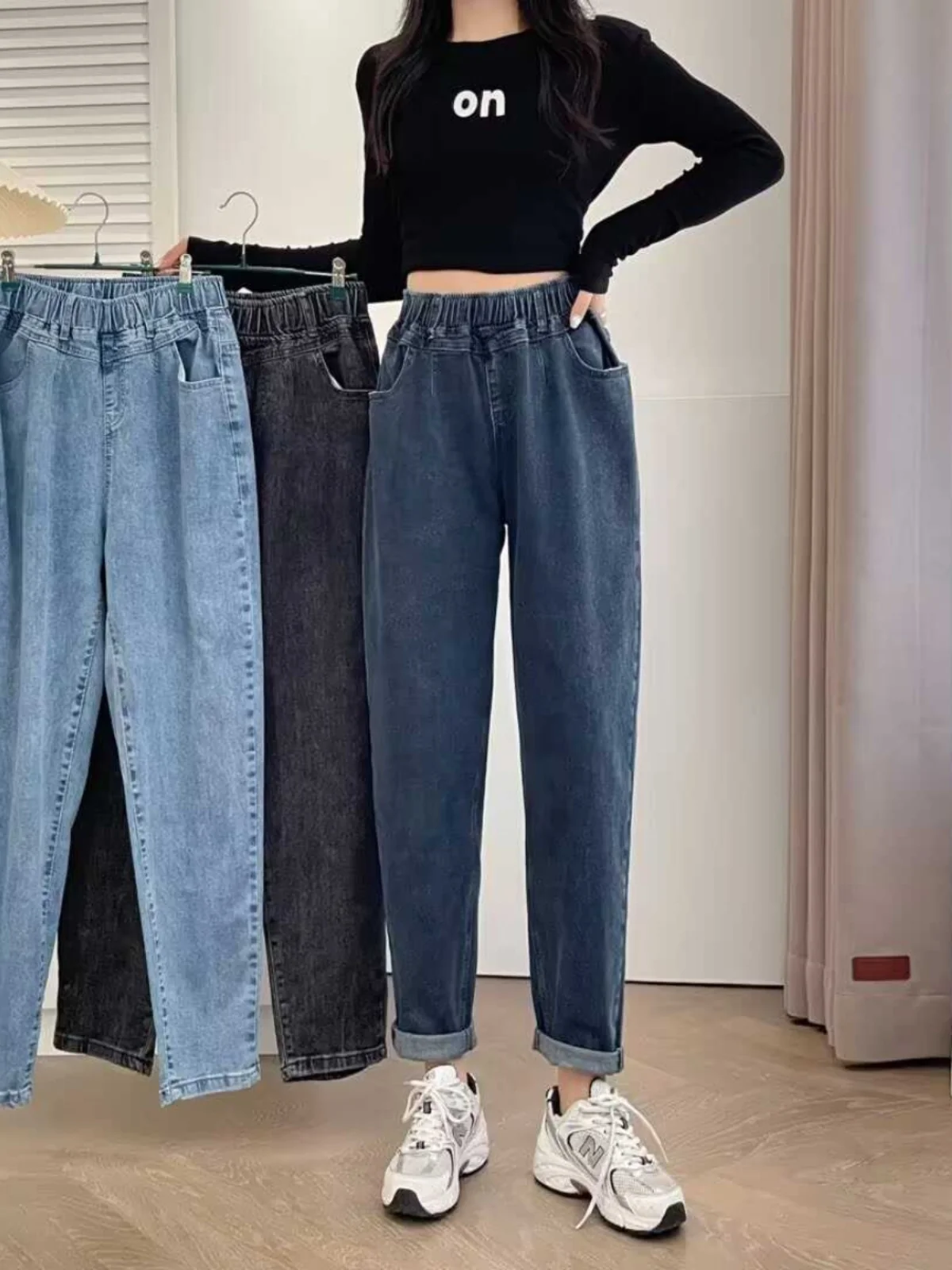 

Retro Hong Kong Style Elastic High Waist Washed Denim Jeans Loose Casual Slimming Dad Pants Nine Point Cotton Stretch Denim