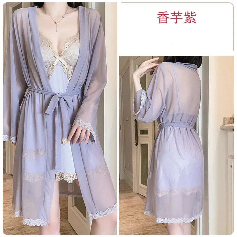 Sexy Kant Twinset Gewaad Set Nachtjapon Jarretel Nachthemd Zomer Badjas Jurk Losse Zijde Satijn Homewear