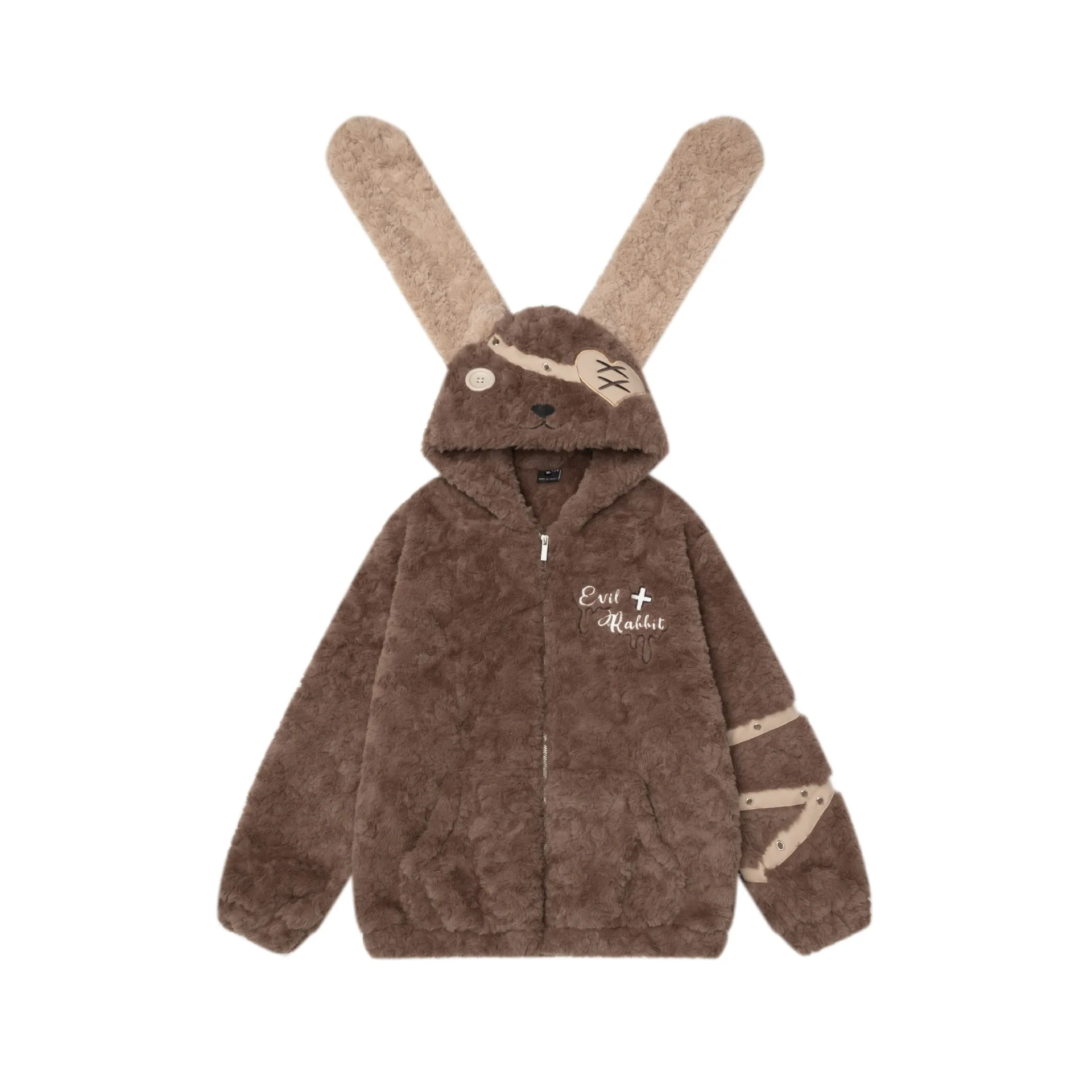 2025 Winter Sweet Cute Style Rabbit Ear Brown Wool Coat Loose Fluffy Soft Warm Casual Hooded Pink English Print Cotton Jacket
